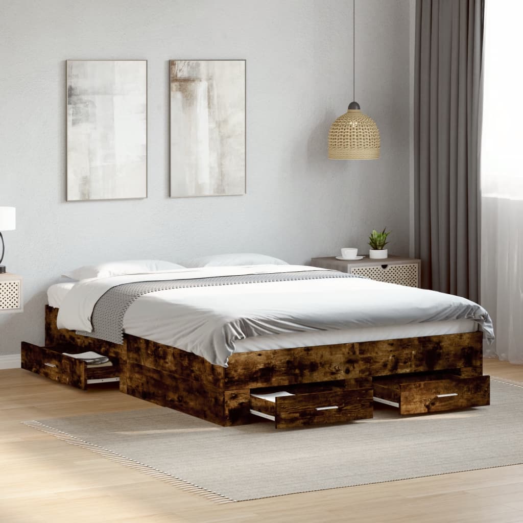 Bed Frame with Drawers without Mattress Smoked Oak 140x190 cm