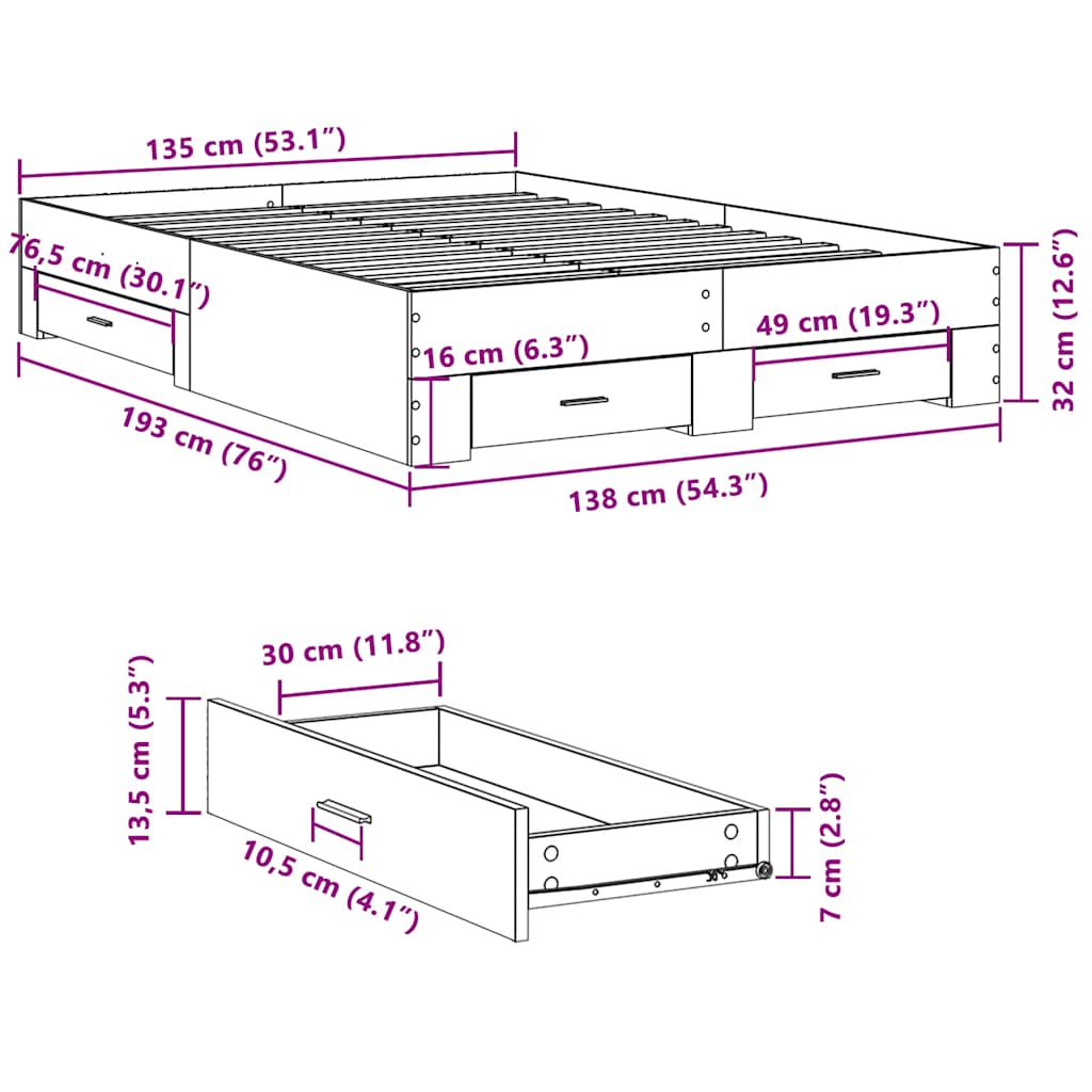 Bed Frame with Drawers without Mattress Sonoma Oak 135x190 cm Double