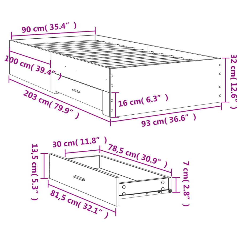 Bed Frame with Drawers without Mattress White 90x200 cm