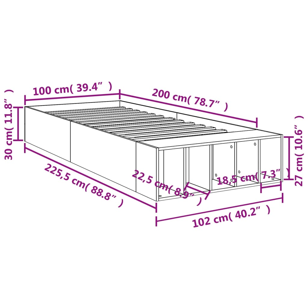 Bed Frame without Mattress Grey Sonoma 100x200 cm