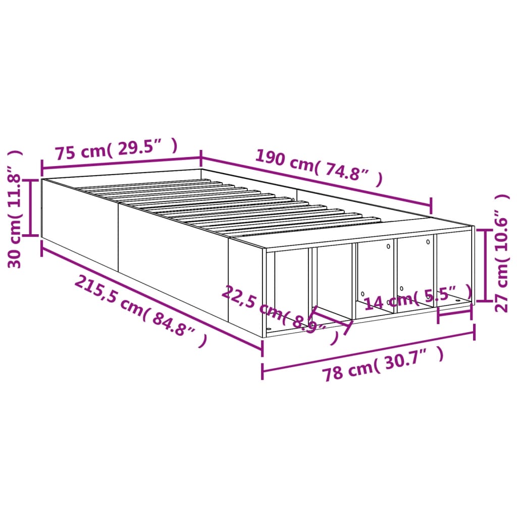 Bed Frame without Mattress Concrete Grey 75x190 cm Small Single
