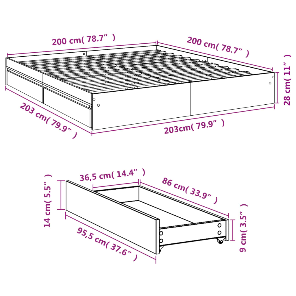 Bed Frame with Drawers without Mattress Concrete Grey 200x200 cm