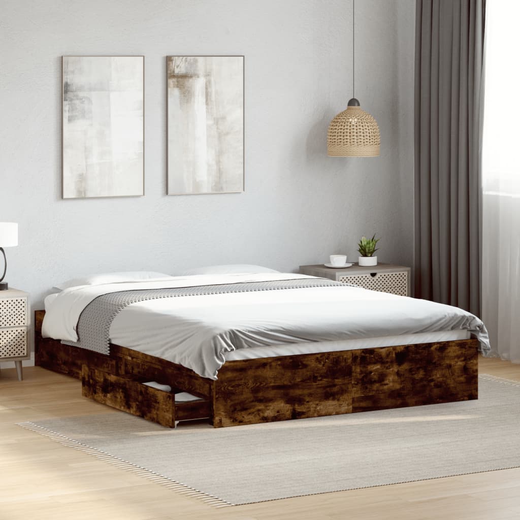 Bed Frame with Drawers without Mattress Smoked Oak 140x200 cm