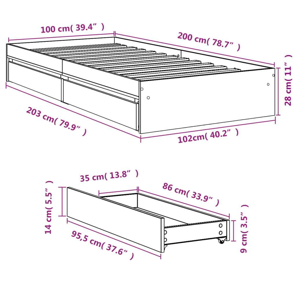 Bed Frame with Drawers without Mattress Brown Oak 100x200 cm