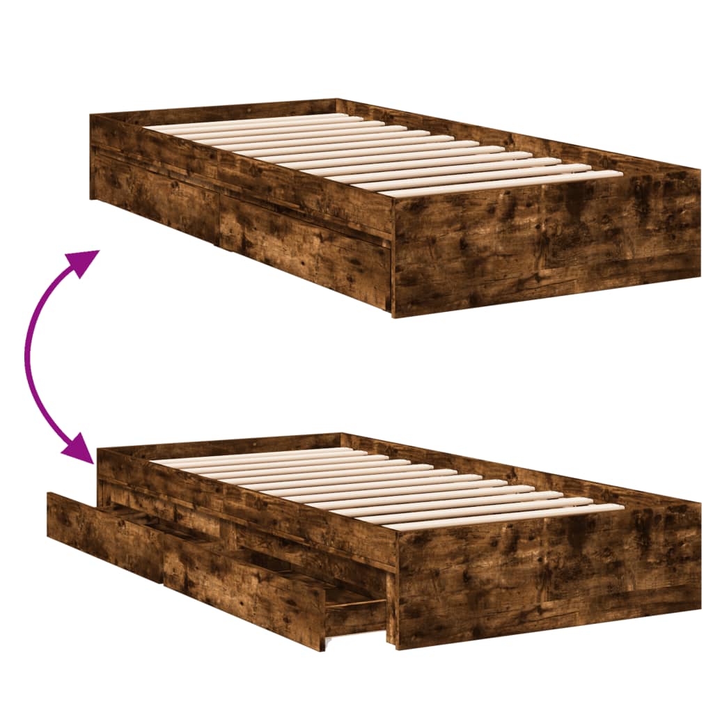 Bed Frame with Drawers without Mattress Smoked Oak 90x200 cm