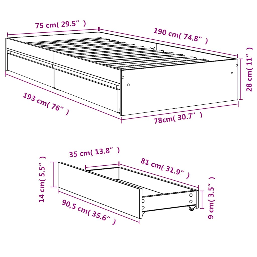 Bed Frame with Drawers without Mattress Black 75x190 cm Small Single