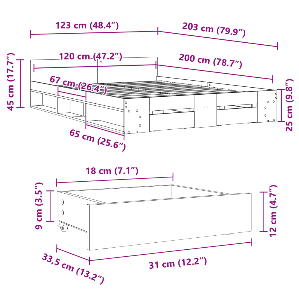 Bed Frame with Drawers without Mattress White 120x200 cm