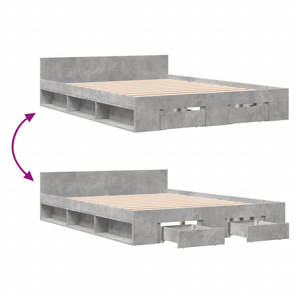 Bed Frame with Drawers without Mattress Concrete Grey 140x190 cm