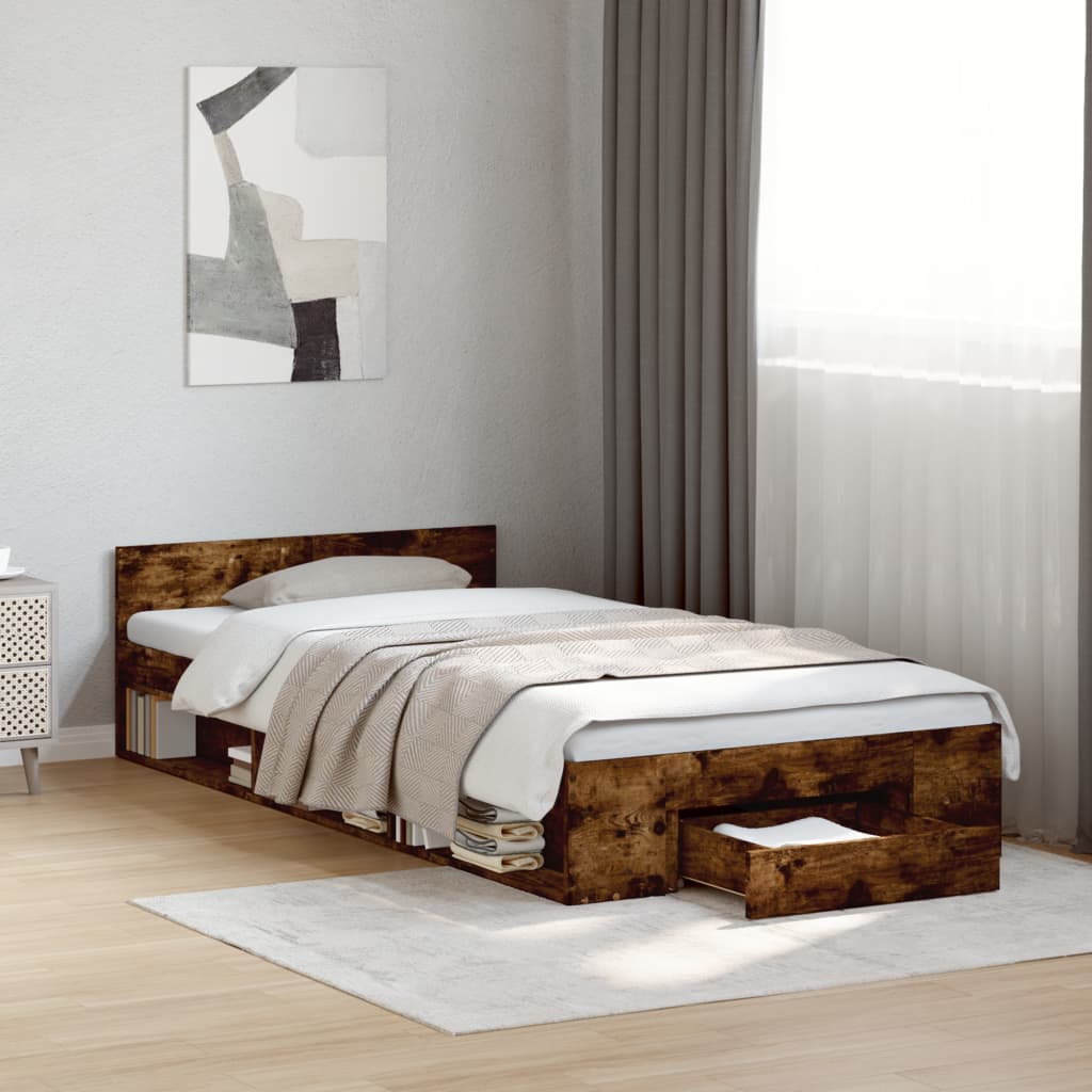 Bed Frame with Drawer without Mattress Smoked Oak 90x190 cm Single