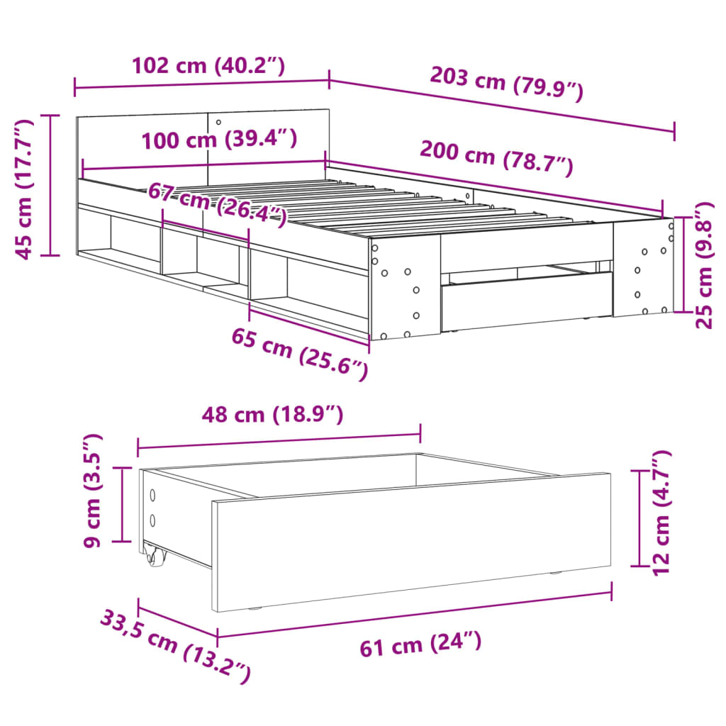 Bed Frame with Drawer without Mattress Concrete Grey 100x200 cm