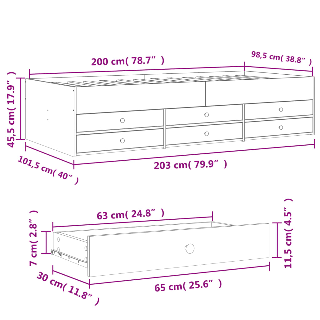 Daybed with Drawers without Mattress White 100x200 cm