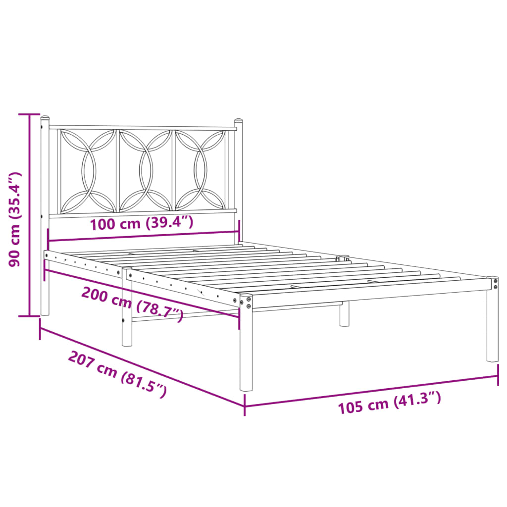 Metal Bed Frame without Mattress with Headboard Black 100x200cm
