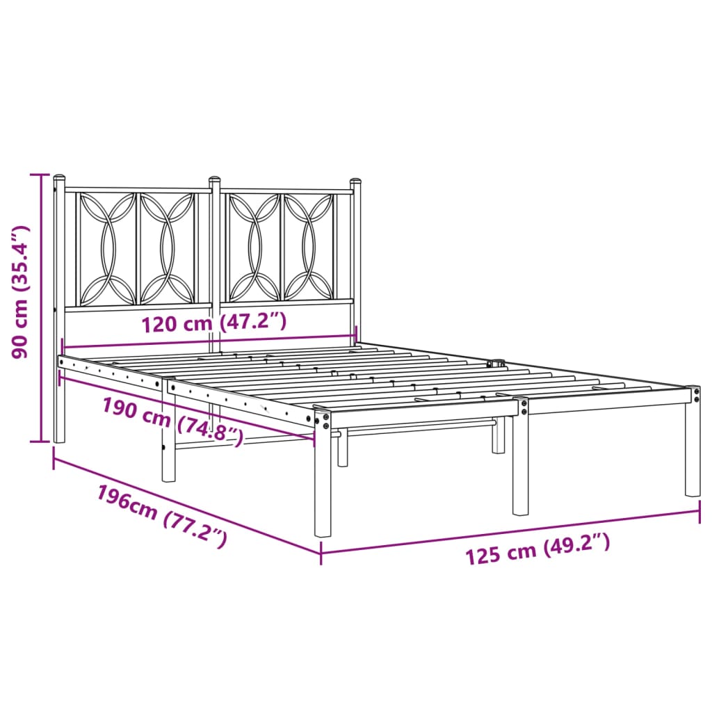 Metal Bed Frame without Mattress with Headboard Black 120x190cm