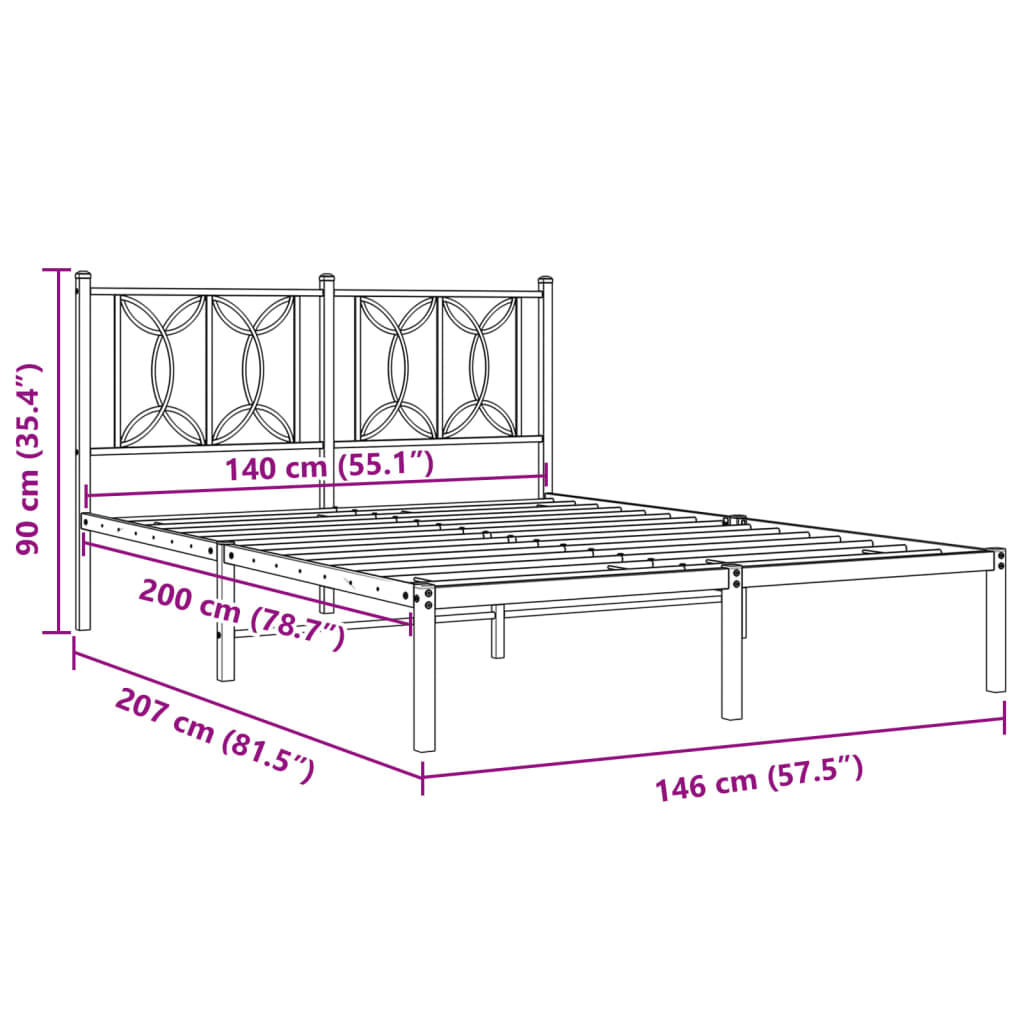 Metal Bed Frame without Mattress with Headboard Black 140x200cm