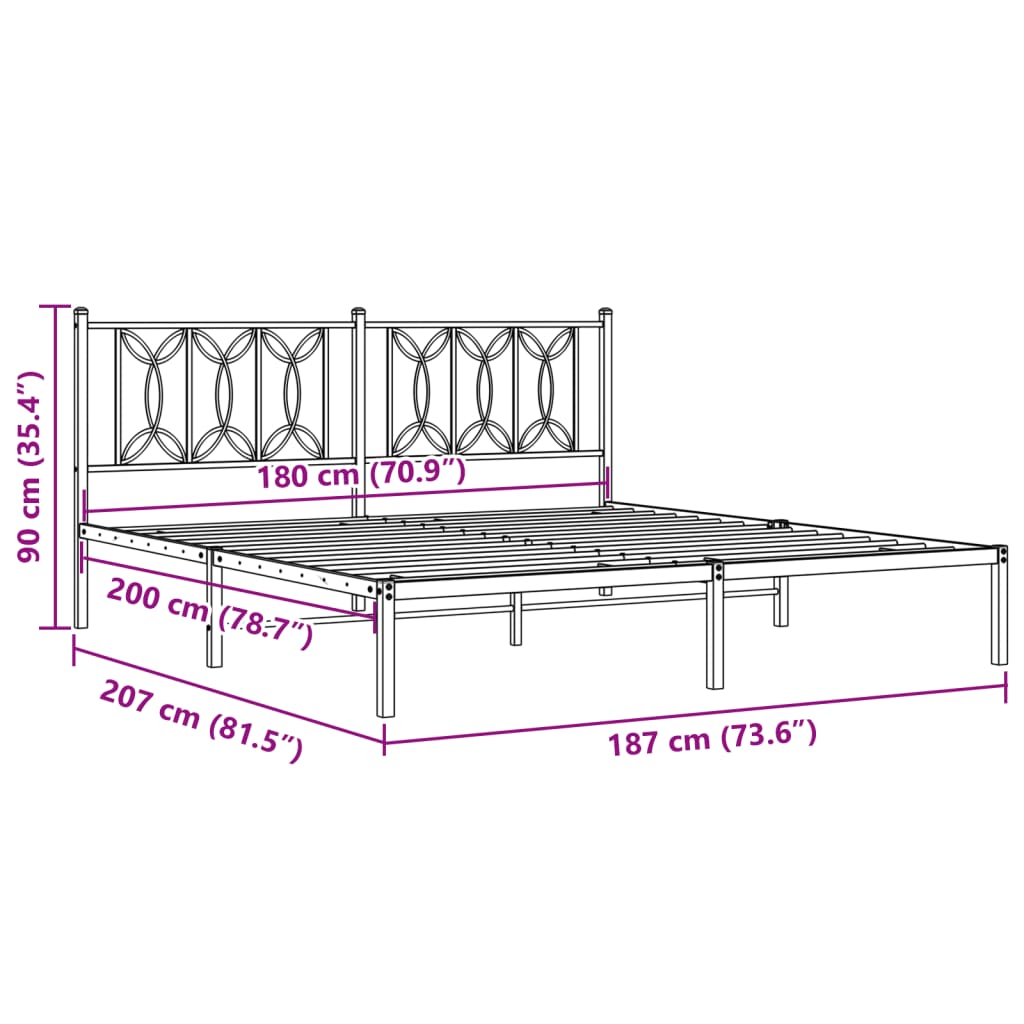 Metal Bed Frame without Mattress with Headboard Black 180x200cm