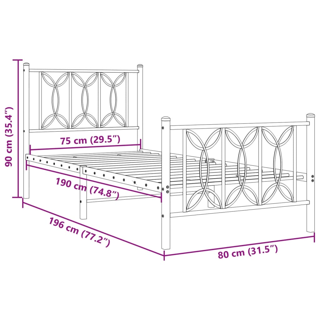 Metal Bed Frame without Mattress with Footboard Black 75x190cm