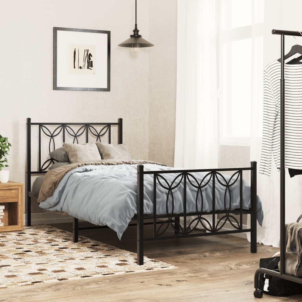 Metal Bed Frame without Mattress with Footboard Black 75x190cm