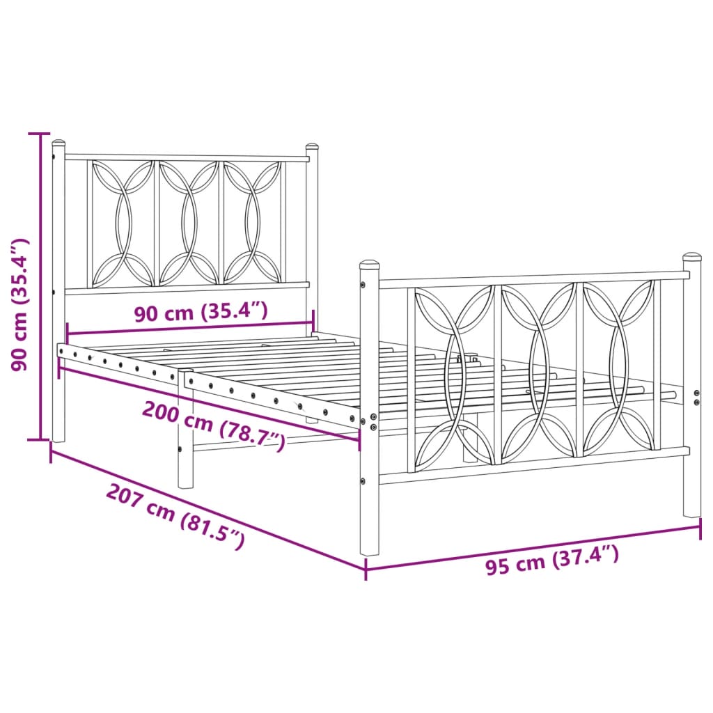 Metal Bed Frame without Mattress with Footboard Black 90x200cm