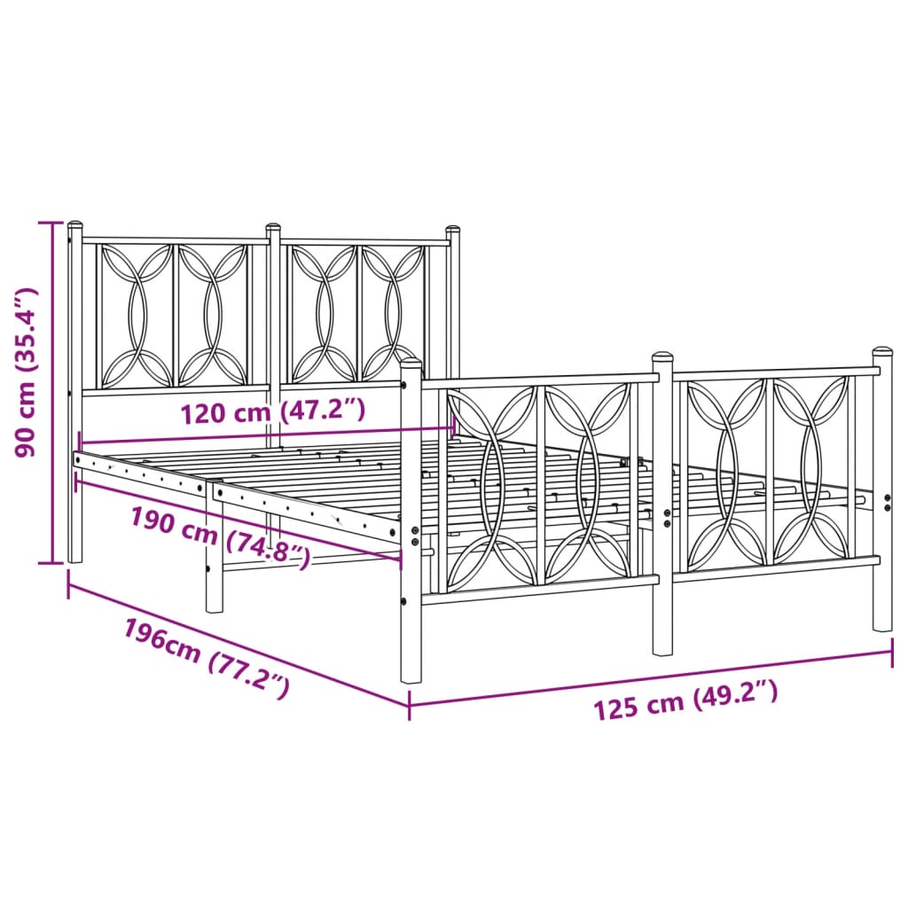 Metal Bed Frame without Mattress with Footboard Black 120x190cm