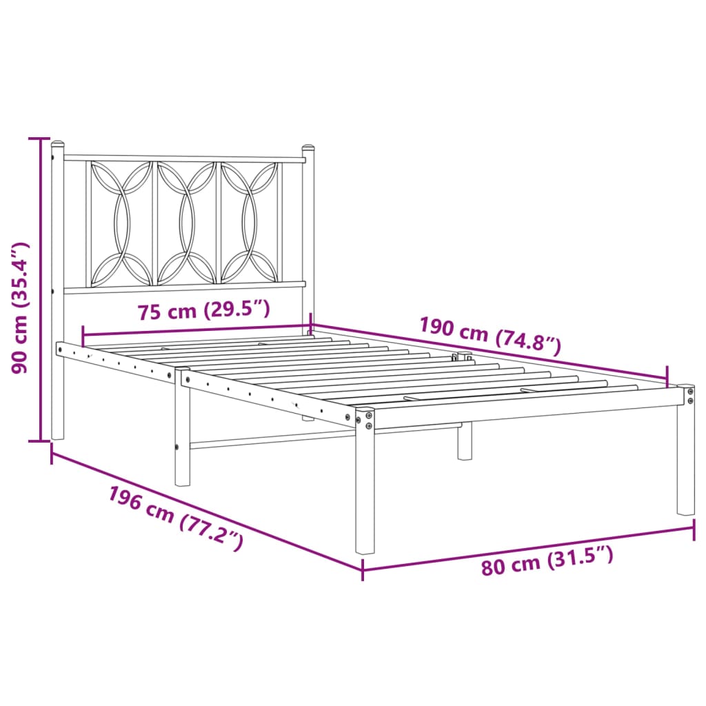 Metal Bed Frame without Mattress with Headboard White 75x190cm