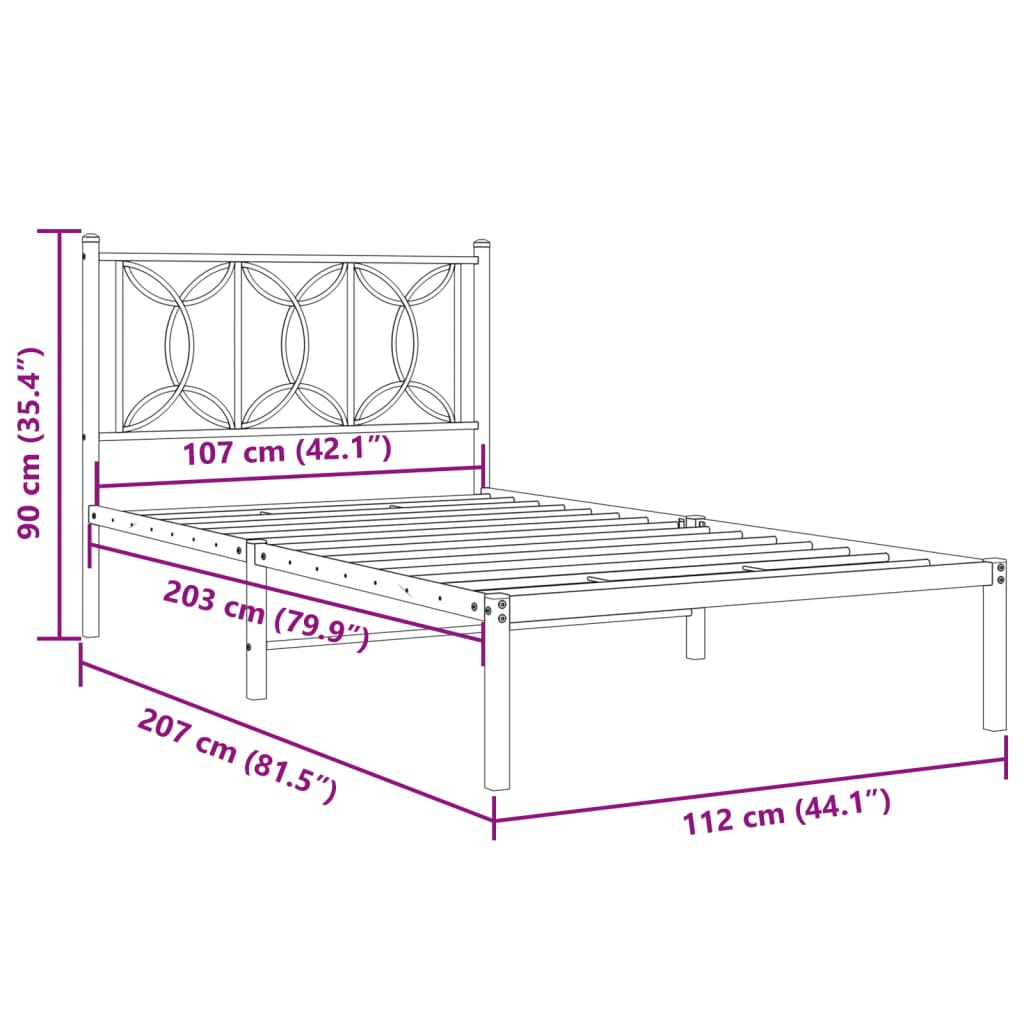 Metal Bed Frame without Mattress with Headboard White 107x203cm