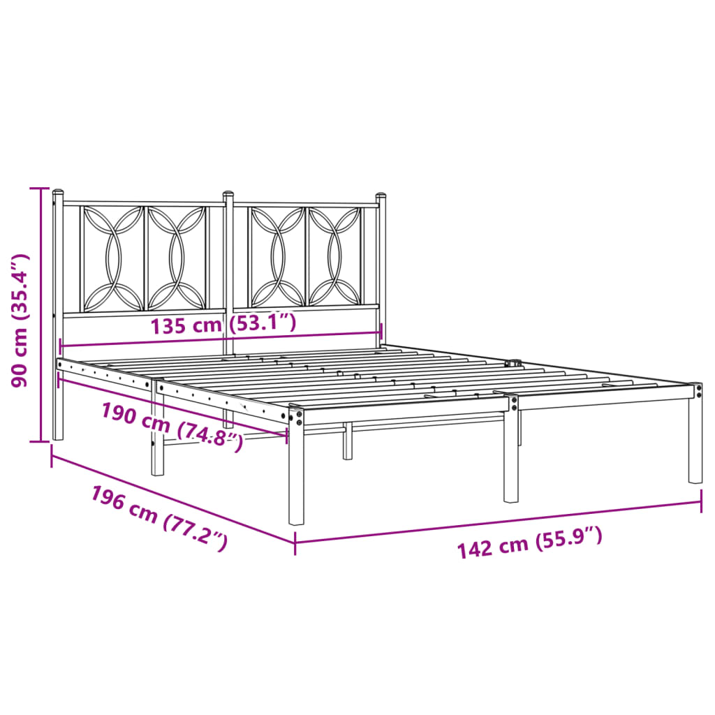 Metal Bed Frame without Mattress with Headboard White 135x190cm