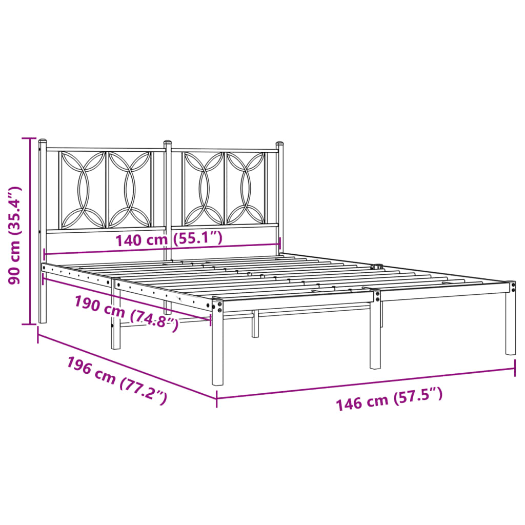 Metal Bed Frame without Mattress with Headboard White 140x190cm