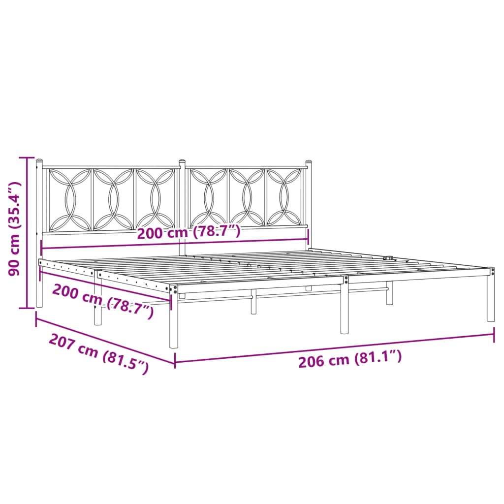 Metal Bed Frame without Mattress with Headboard White 200x200cm