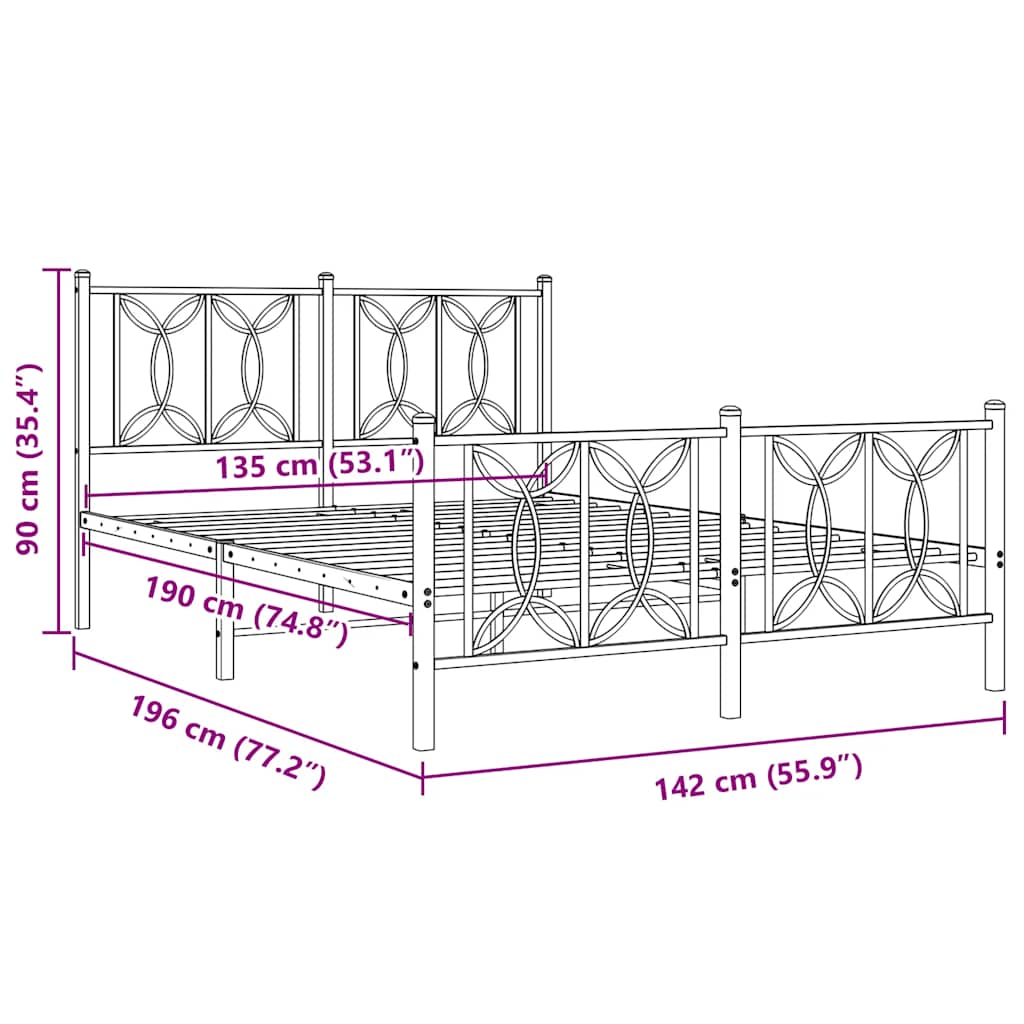 Metal Bed Frame without Mattress with Footboard White 135x190cm