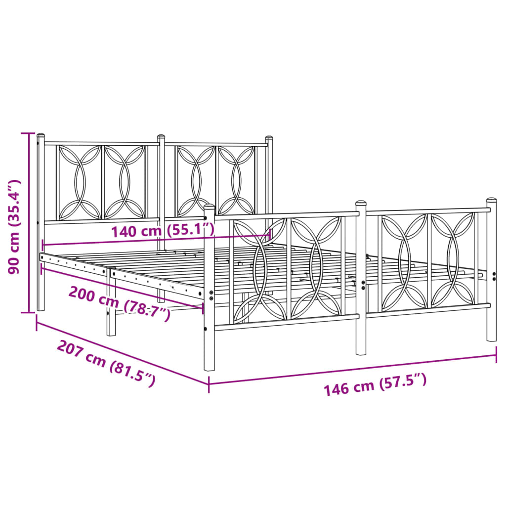 Metal Bed Frame without Mattress with Footboard White 140x200cm
