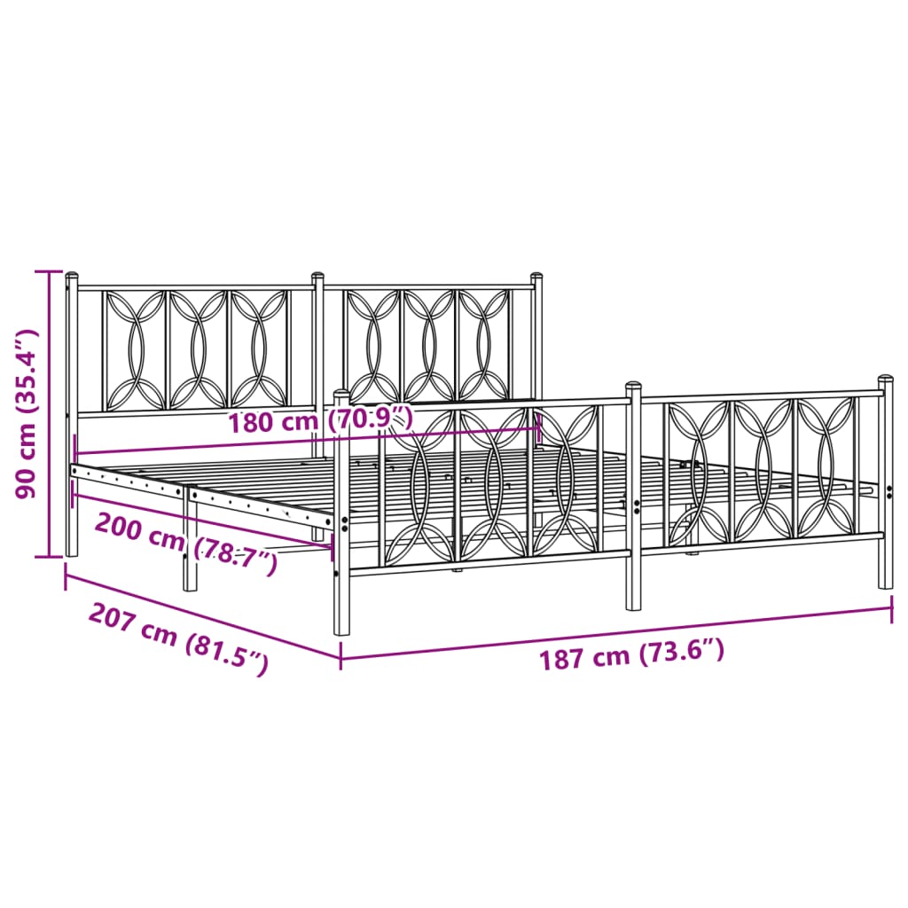 Metal Bed Frame without Mattress with Footboard White 180x200cm