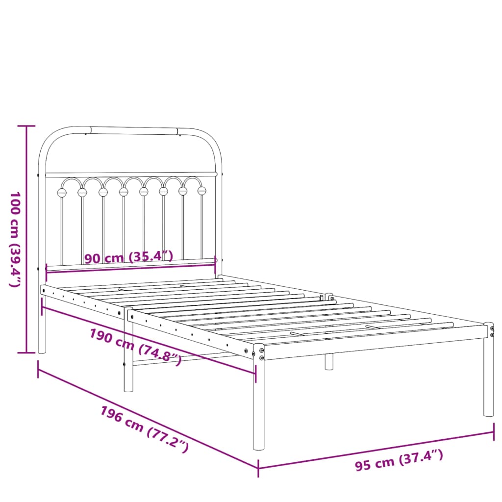 Metal Bed Frame without Mattress with Headboard Black 90x190cm