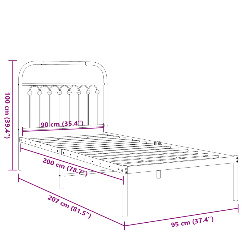 Metal Bed Frame without Mattress with Headboard Black 90x200cm