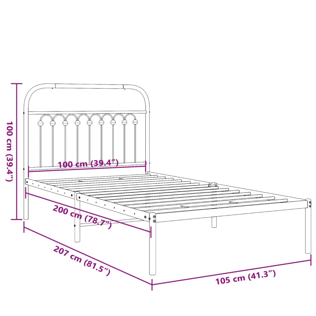 Metal Bed Frame without Mattress with Headboard Black 100x200cm