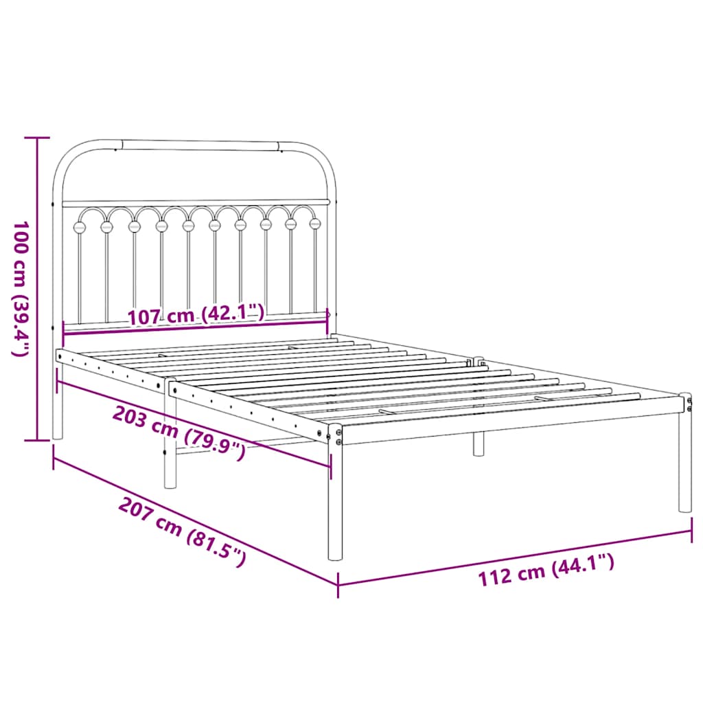 Metal Bed Frame without Mattress with Headboard Black 107x203cm