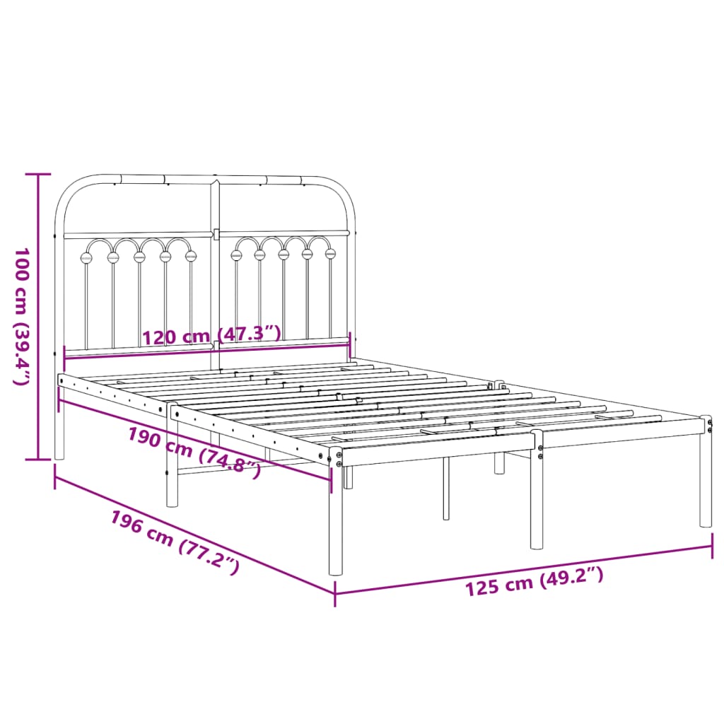 Metal Bed Frame without Mattress with Headboard Black 120x190cm