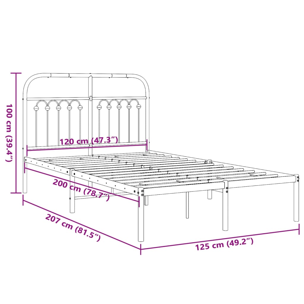 Metal Bed Frame without Mattress with Headboard Black 120x200cm