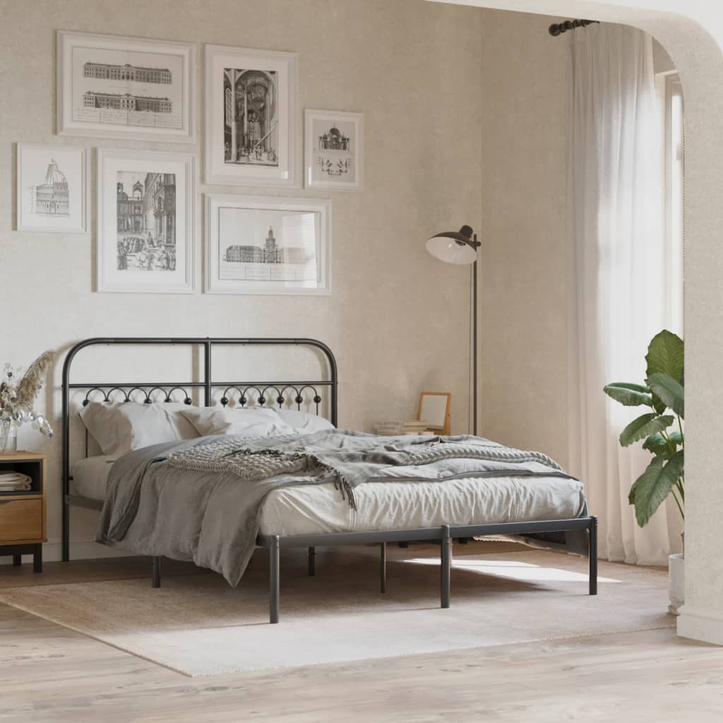 Metal Bed Frame without Mattress with Headboard Black 135x190cm