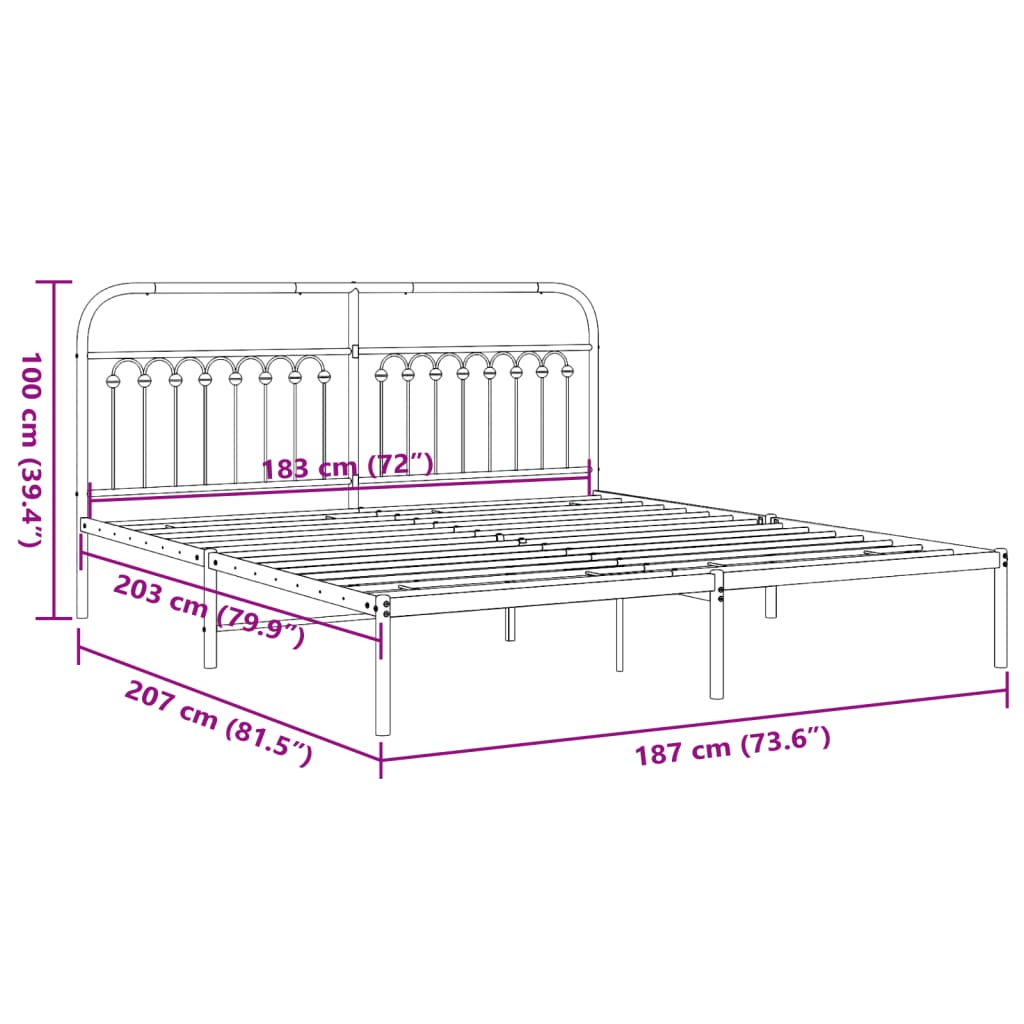 Metal Bed Frame without Mattress with Headboard Black 183x203cm