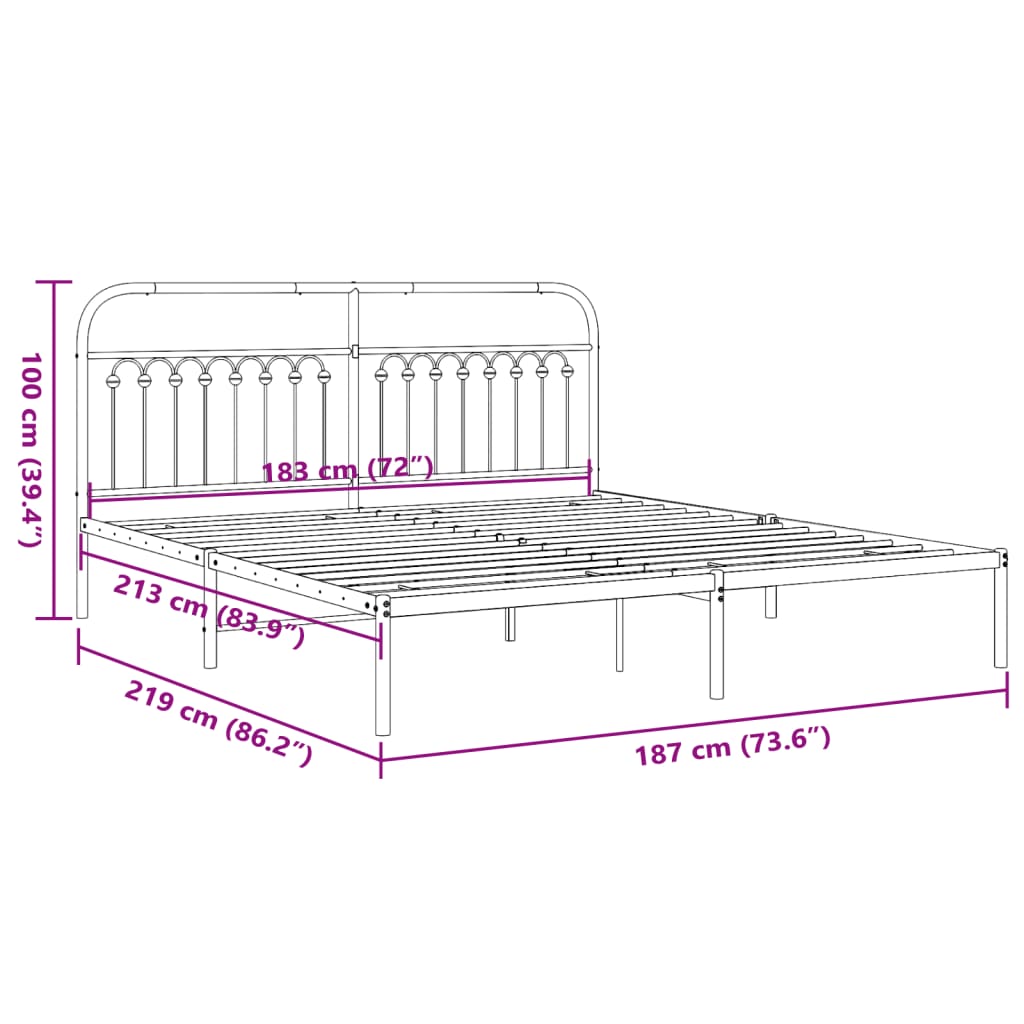 Metal Bed Frame without Mattress with Headboard Black 183x213cm