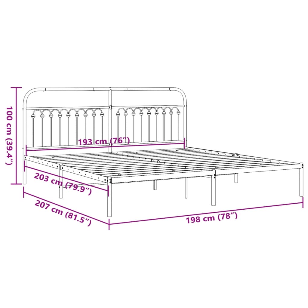 Metal Bed Frame without Mattress with Headboard Black 193x203cm