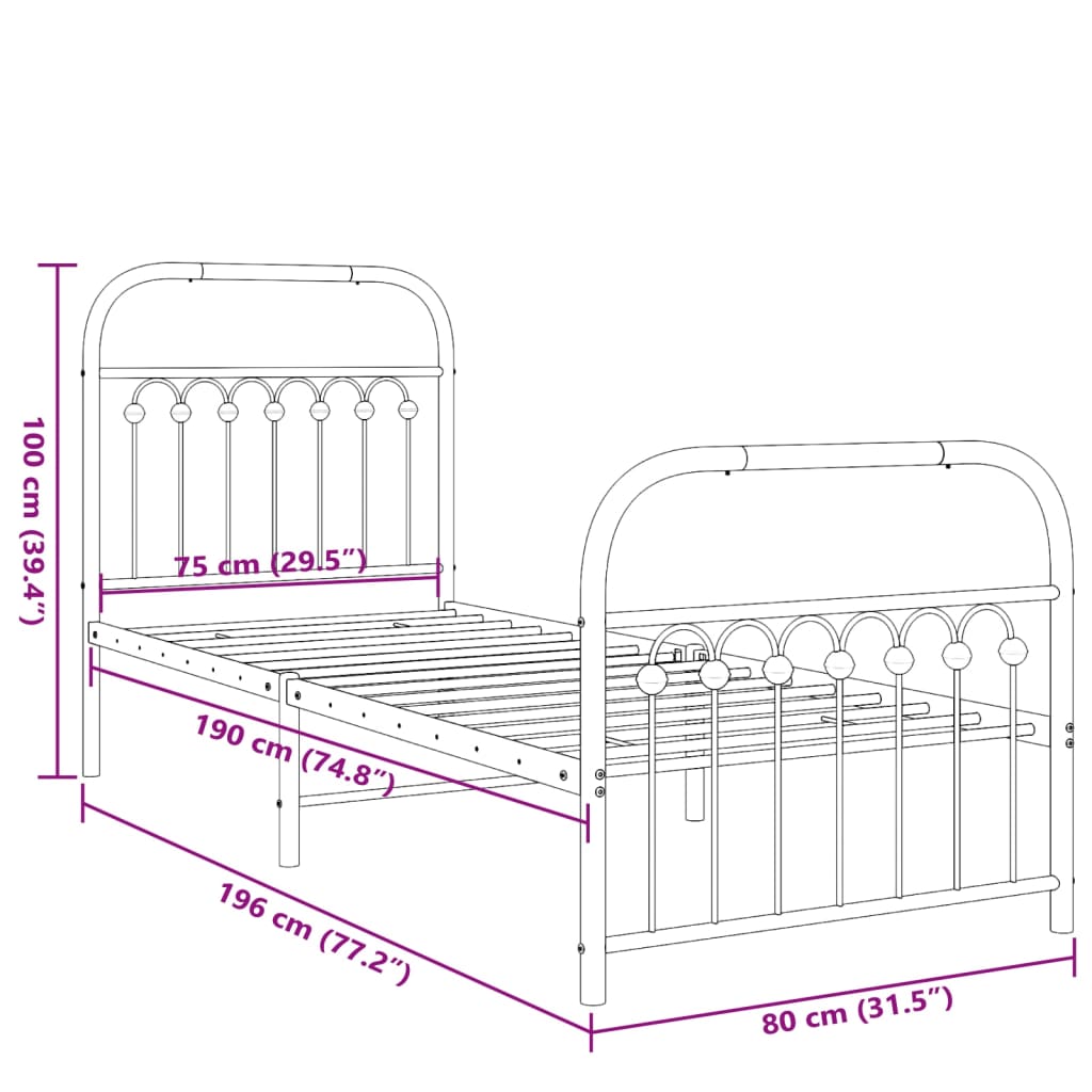 Metal Bed Frame without Mattress with Footboard Black 75x190cm