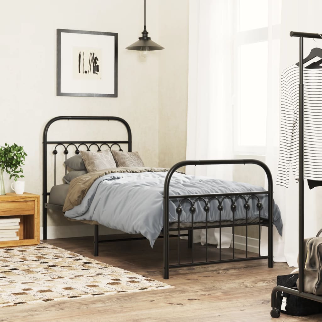Metal Bed Frame without Mattress with Footboard Black 75x190cm