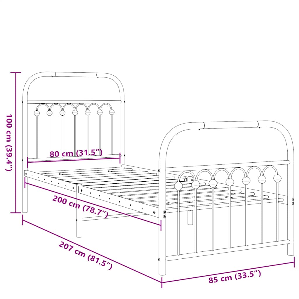 Metal Bed Frame without Mattress with Footboard Black 80x200cm