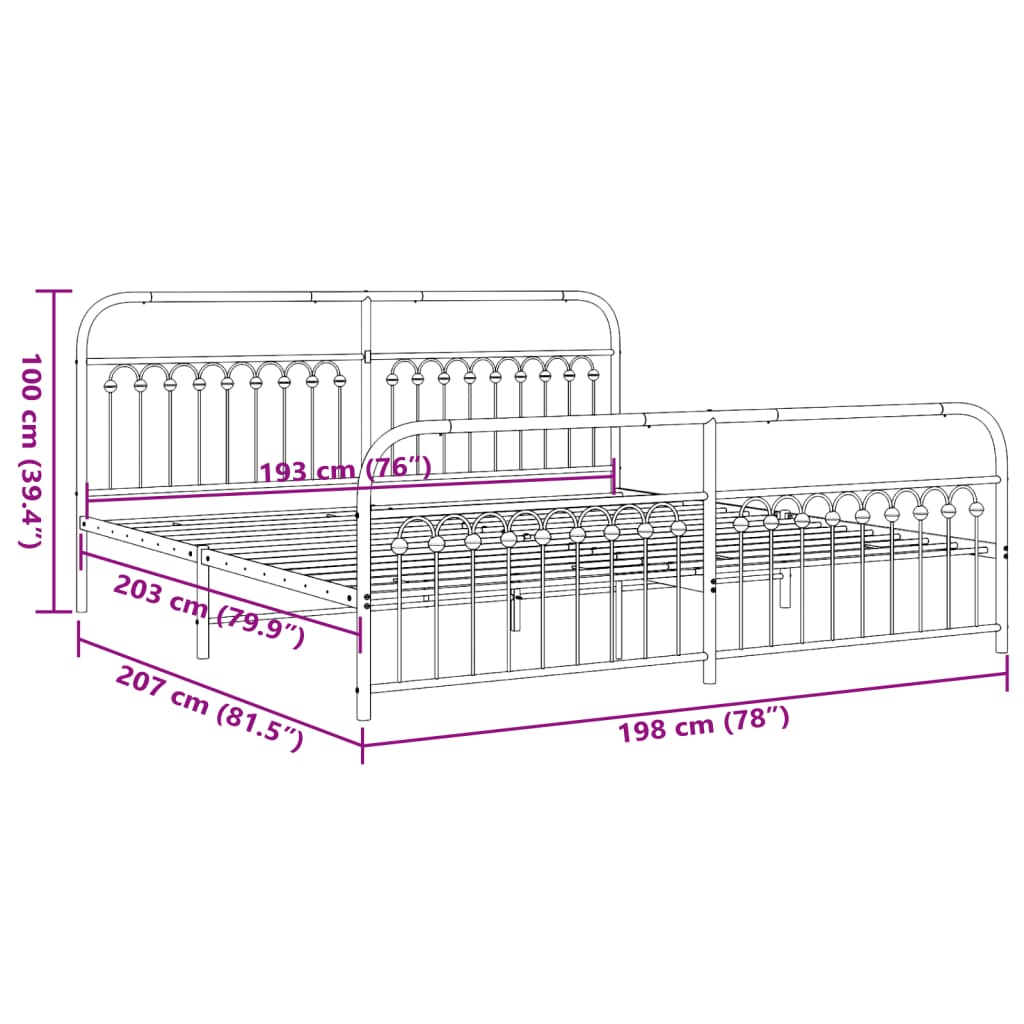 Metal Bed Frame without Mattress with Footboard Black 193x203cm