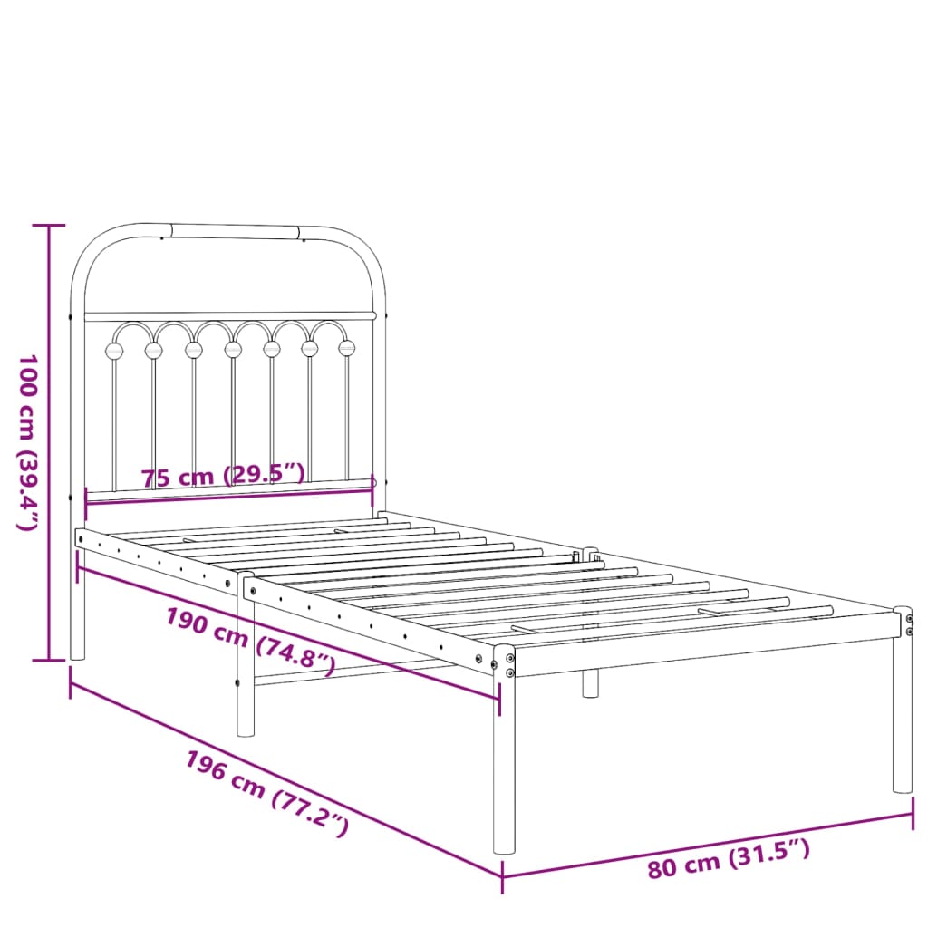 Metal Bed Frame without Mattress with Headboard White 75x190cm