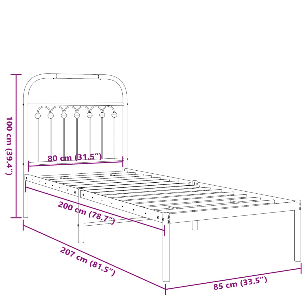 Metal Bed Frame without Mattress with Headboard White 80x200cm