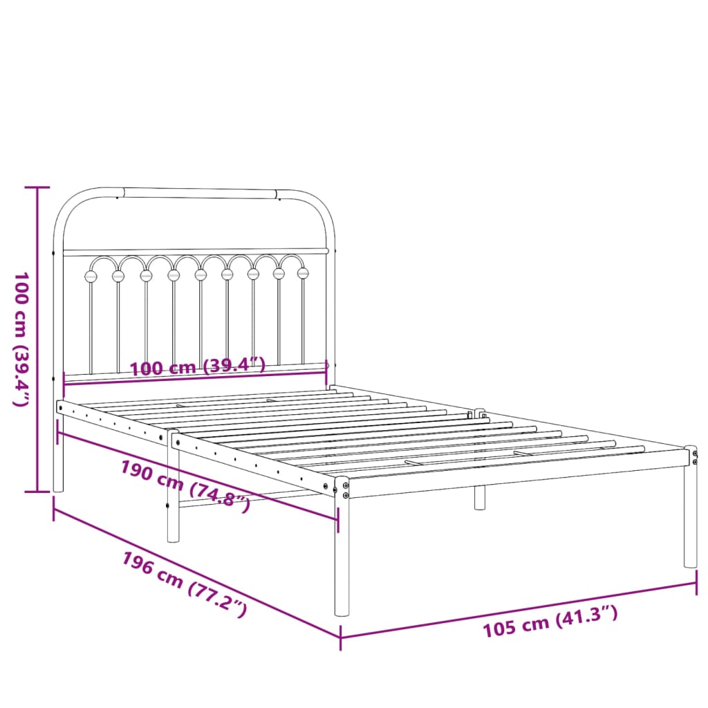 Metal Bed Frame without Mattress with Headboard White 100x190cm