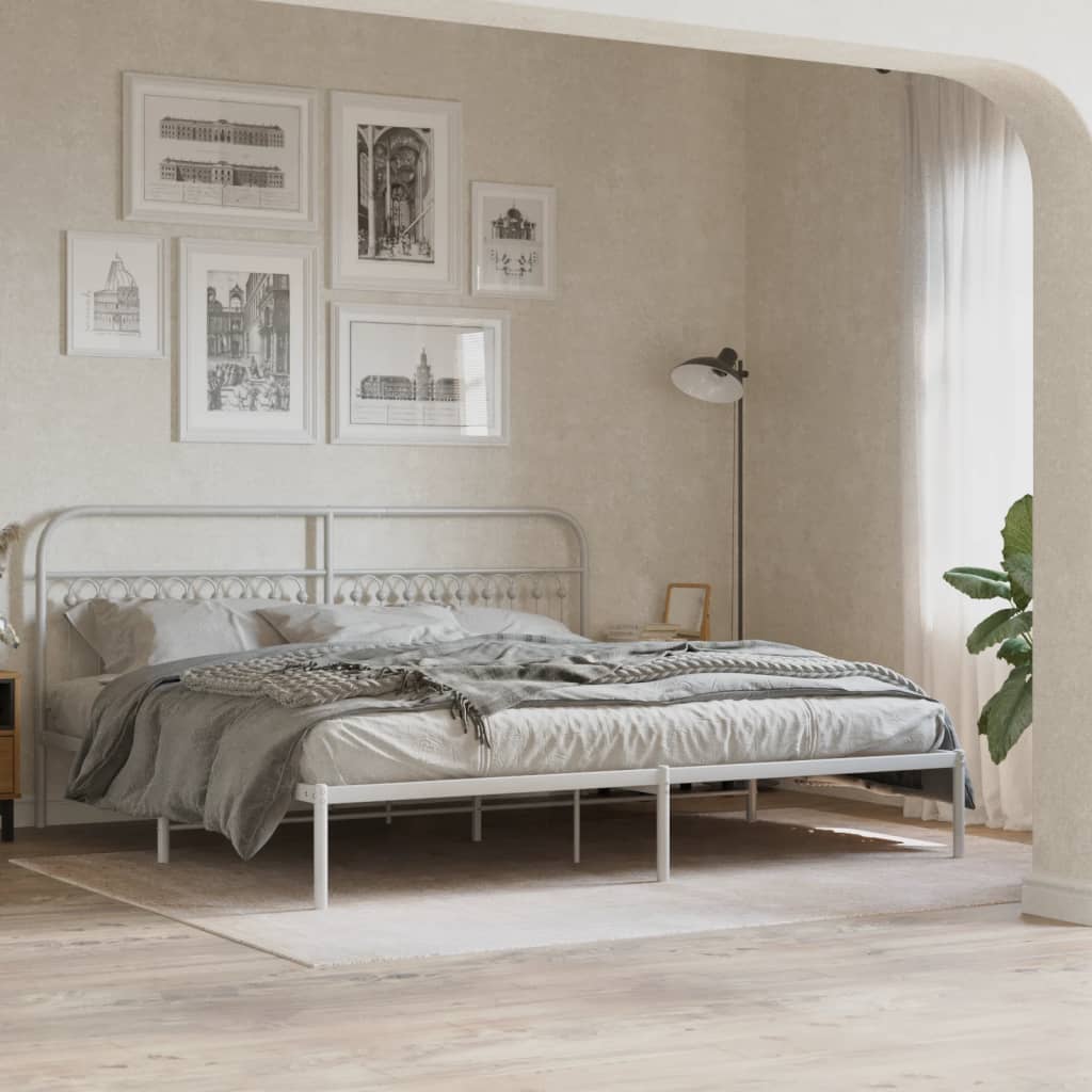Metal Bed Frame without Mattress with Headboard White 193x203cm