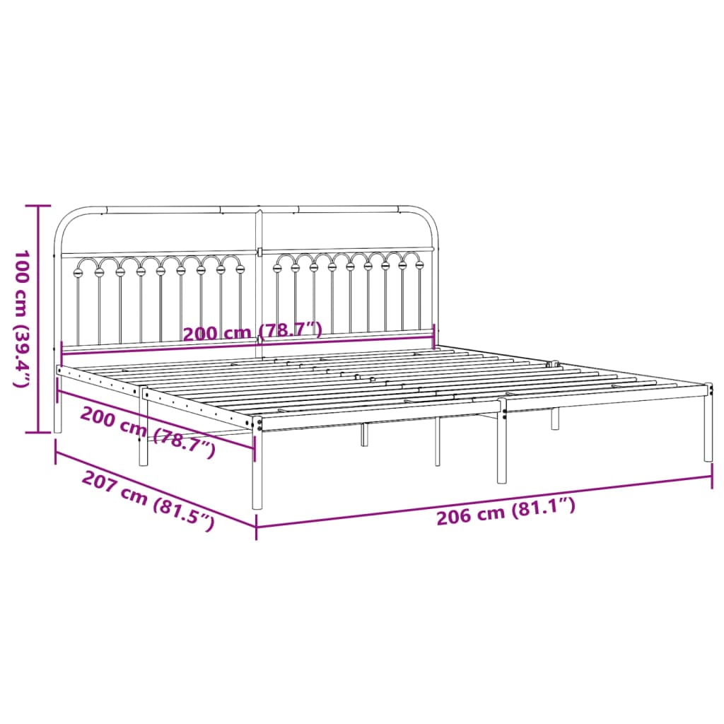 Metal Bed Frame without Mattress with Headboard White 200x200cm